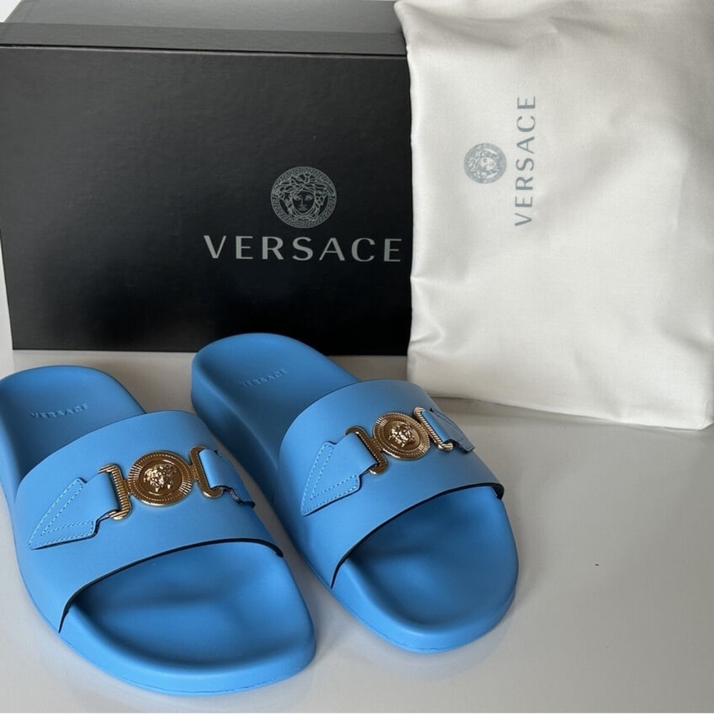 SALE!! Versace men’s La medusa plaque logo leather pool slides flip flops NWB